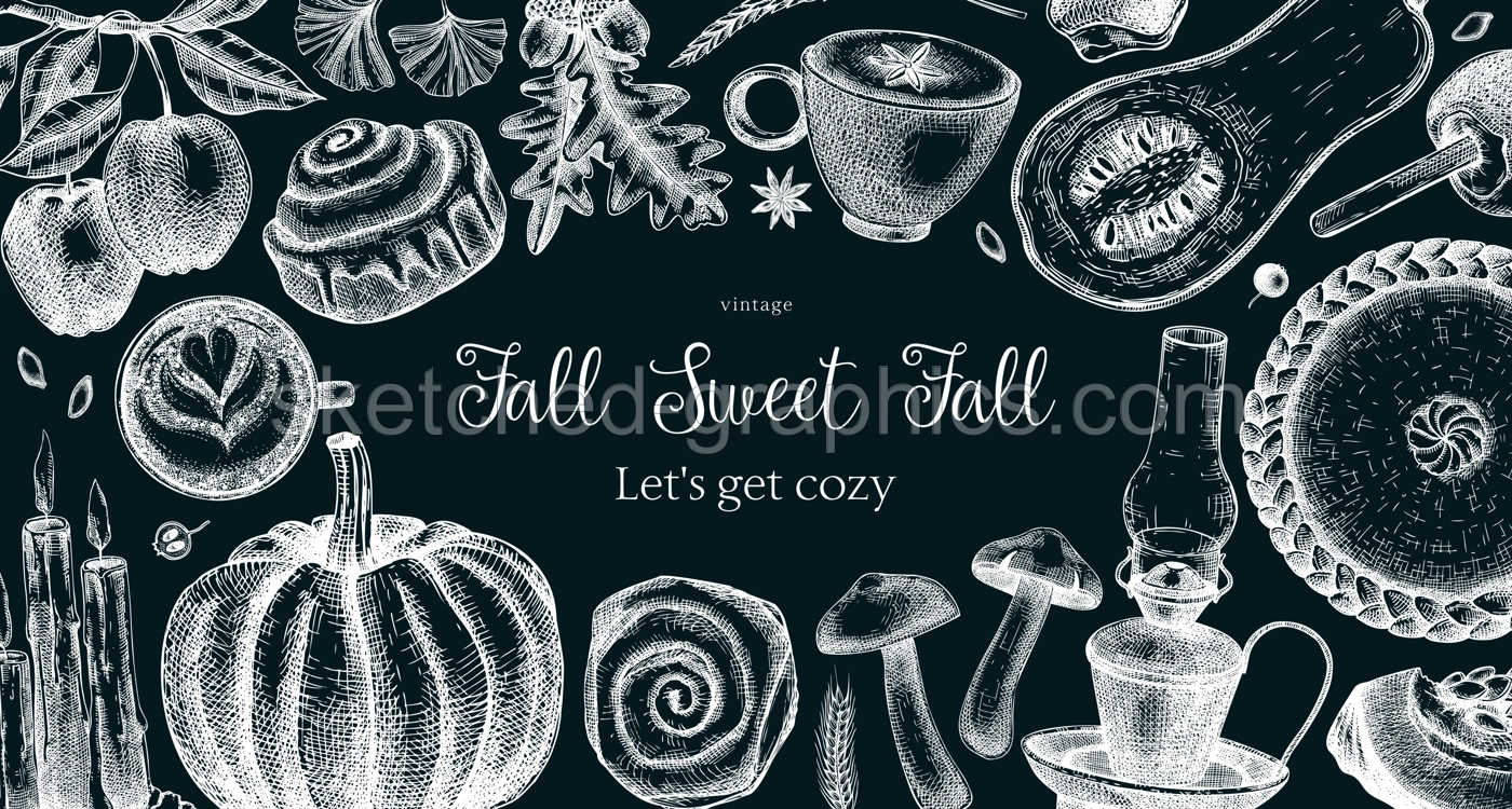 Autumn frame design template. Hand-drawn vector illustration on chalkboard. Pumpkin, hot drink, fruit, pie, pastry, fall leaves sketches. Thanksgiving background, banner, border Illustration